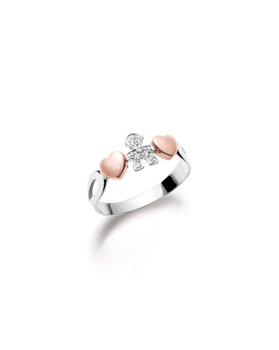 Le Bebé – Anello girocuore in oro bianco/rosa e diamanti con sagoma bimbo
