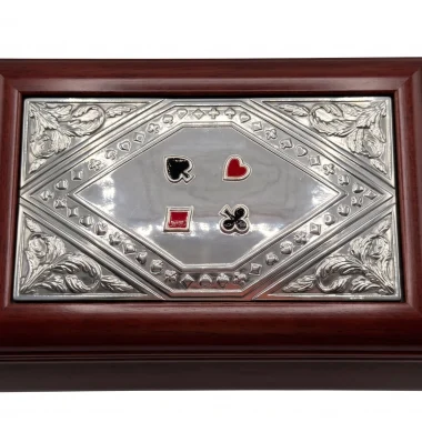 Scatola da gioco con carte e fiches in legno e argento 925